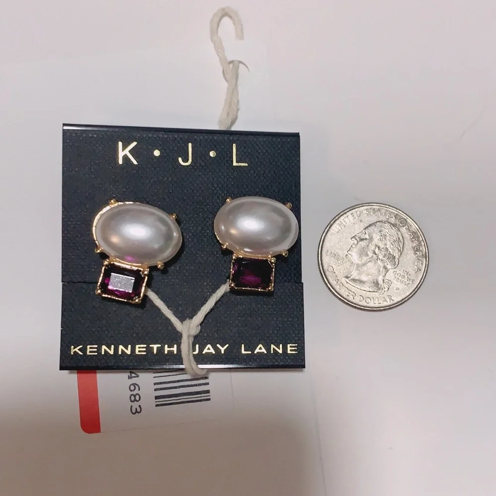 NWT Kenneth Jay Lane Purple Amethyst Crystal Pearl Clip On Earring - Picture 9 of 10